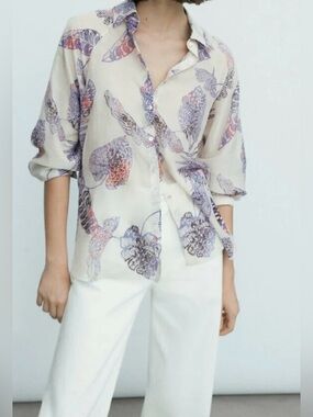 Sheer Ivory Button-Up Blouse with Lavender & Coral Leaf Print